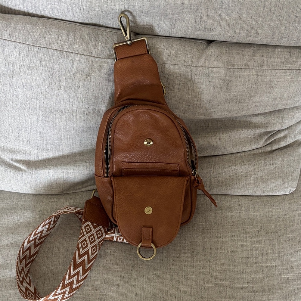 Anthropologie Vegan Tan Leather Sling Belt Bag with Patterned Strap